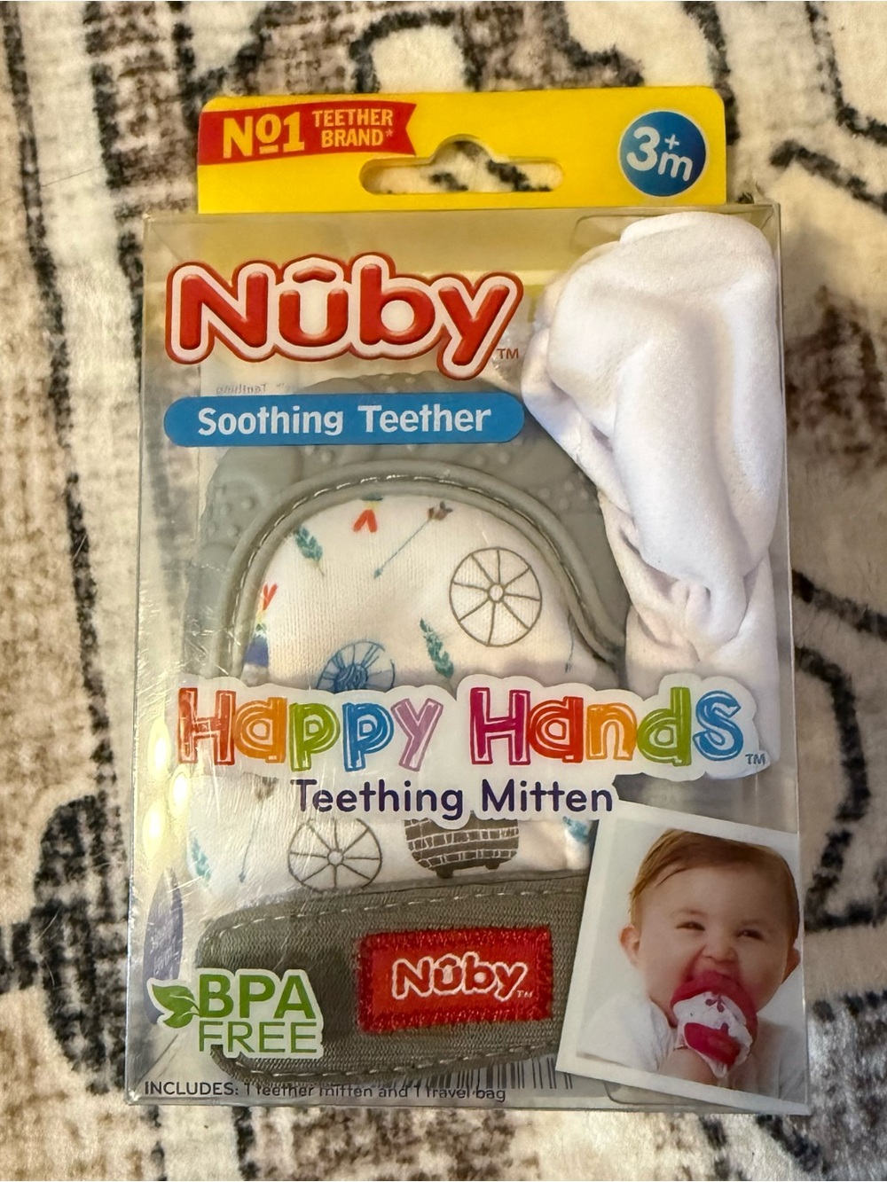Nuby Happy Hands Soothing Teething Mitten - With white storage bag